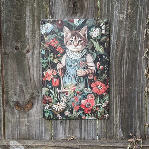 Female cat gardening, red flowers metal tin garden sign
